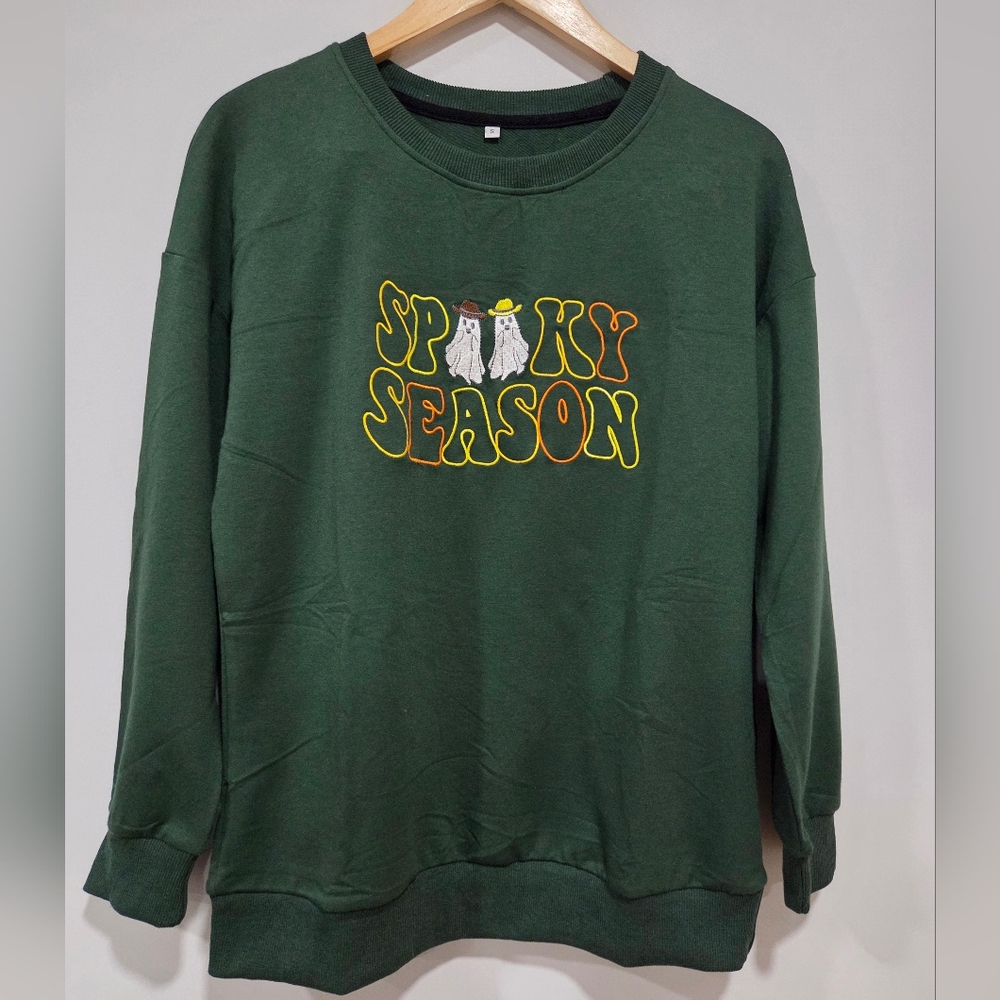 Halloween Sweatshirt Green Embroidered Spooky Season Long Sleeves Size S